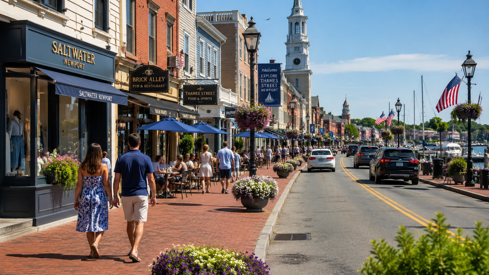 Downtown Newport waterfront with restaurants, shops and harbor
