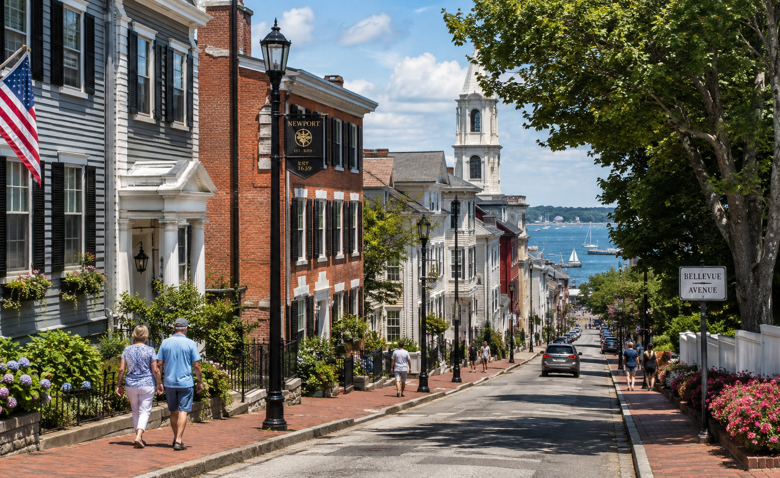 Historic downtown Newport street overlooking Newport Harbor