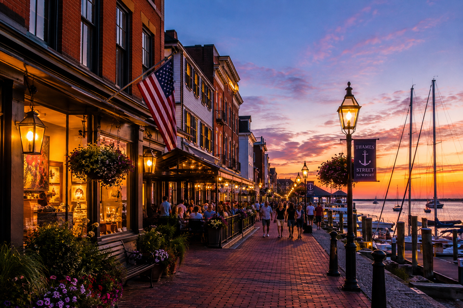 Thames Street Newport RI waterfront at sunset