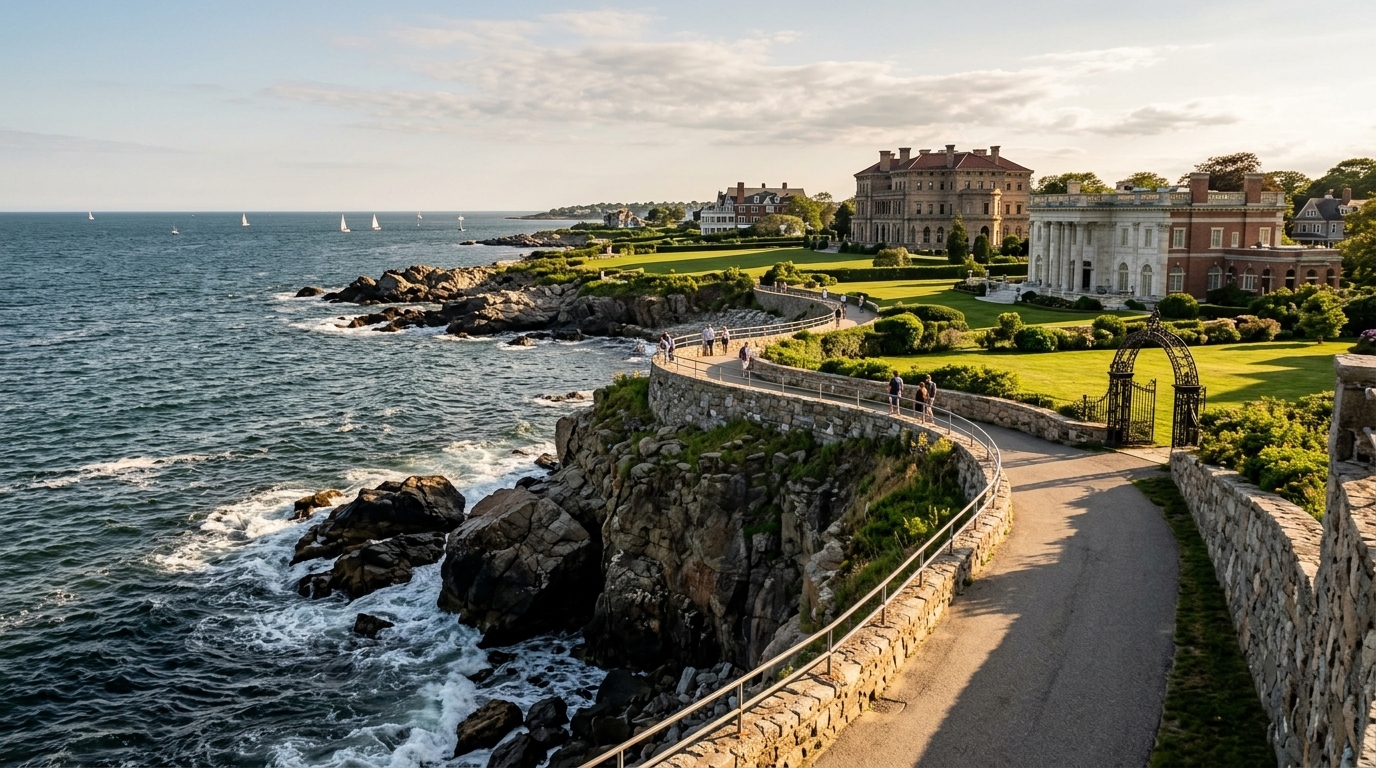 Cliff Walk along the Newport mansion coastline in Rhode Island