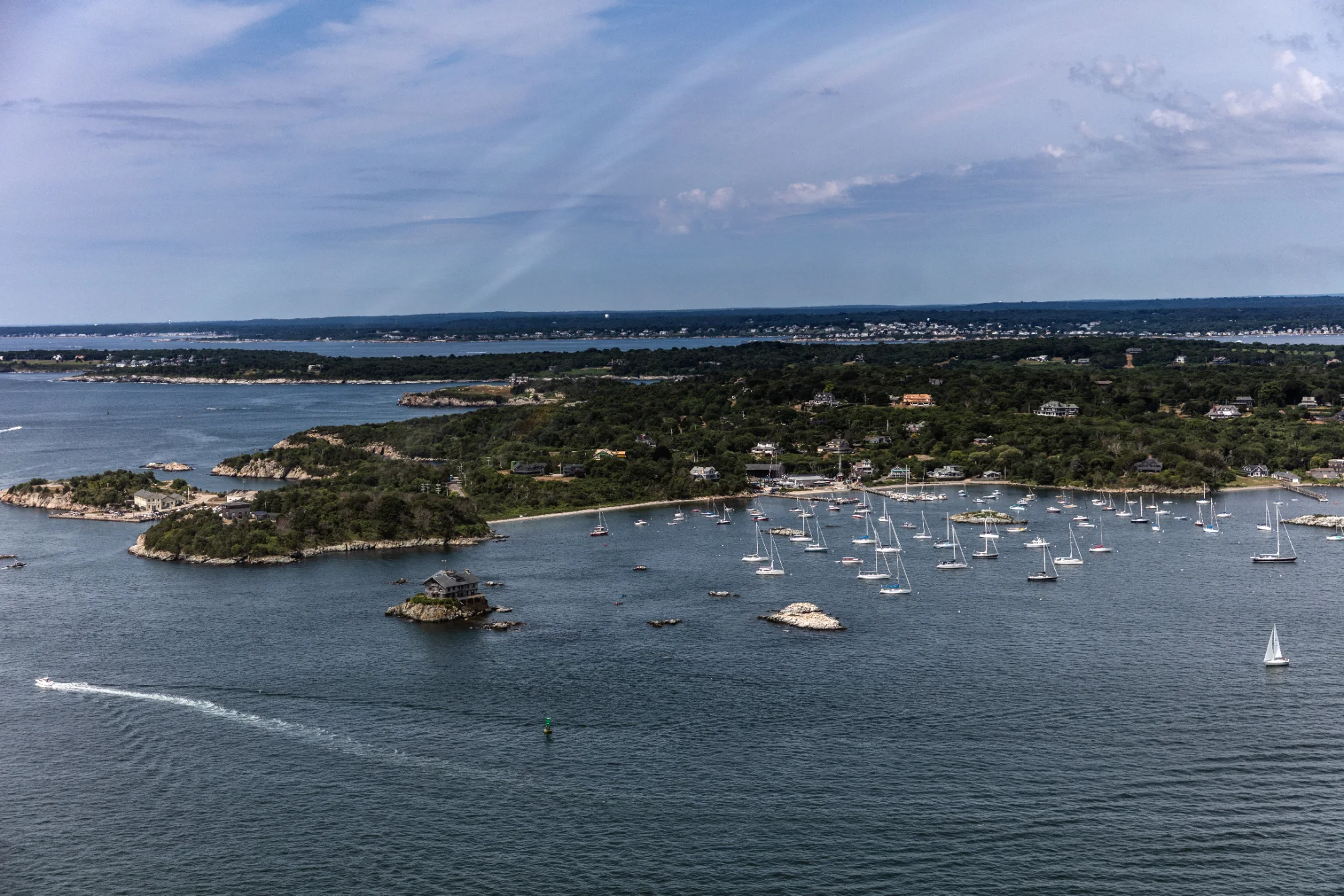 Aerial view of Newport Harbor filled with sailboats