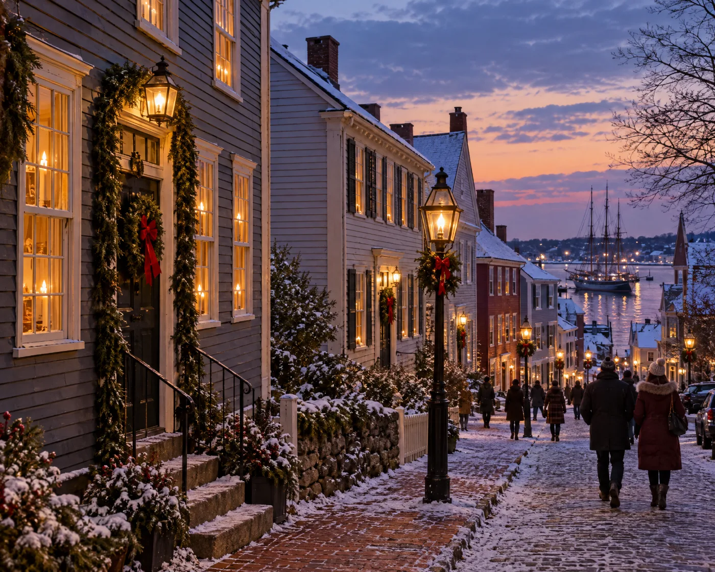 Colonial Newport street with candles and wreaths at Christmas