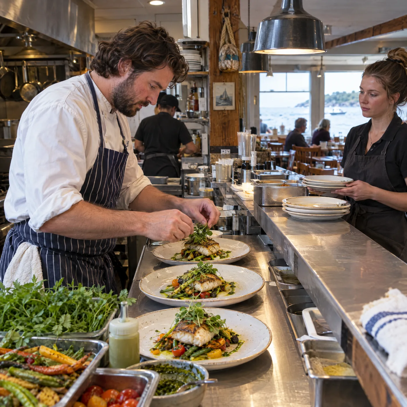Chef plating local seafood in an independent Newport restaurant kitchen