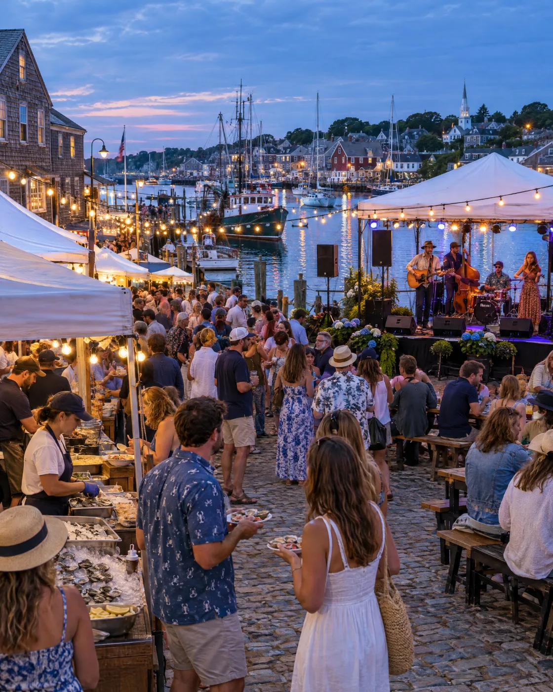 Crowds at a seafood and music festival on a Newport harbor wharf