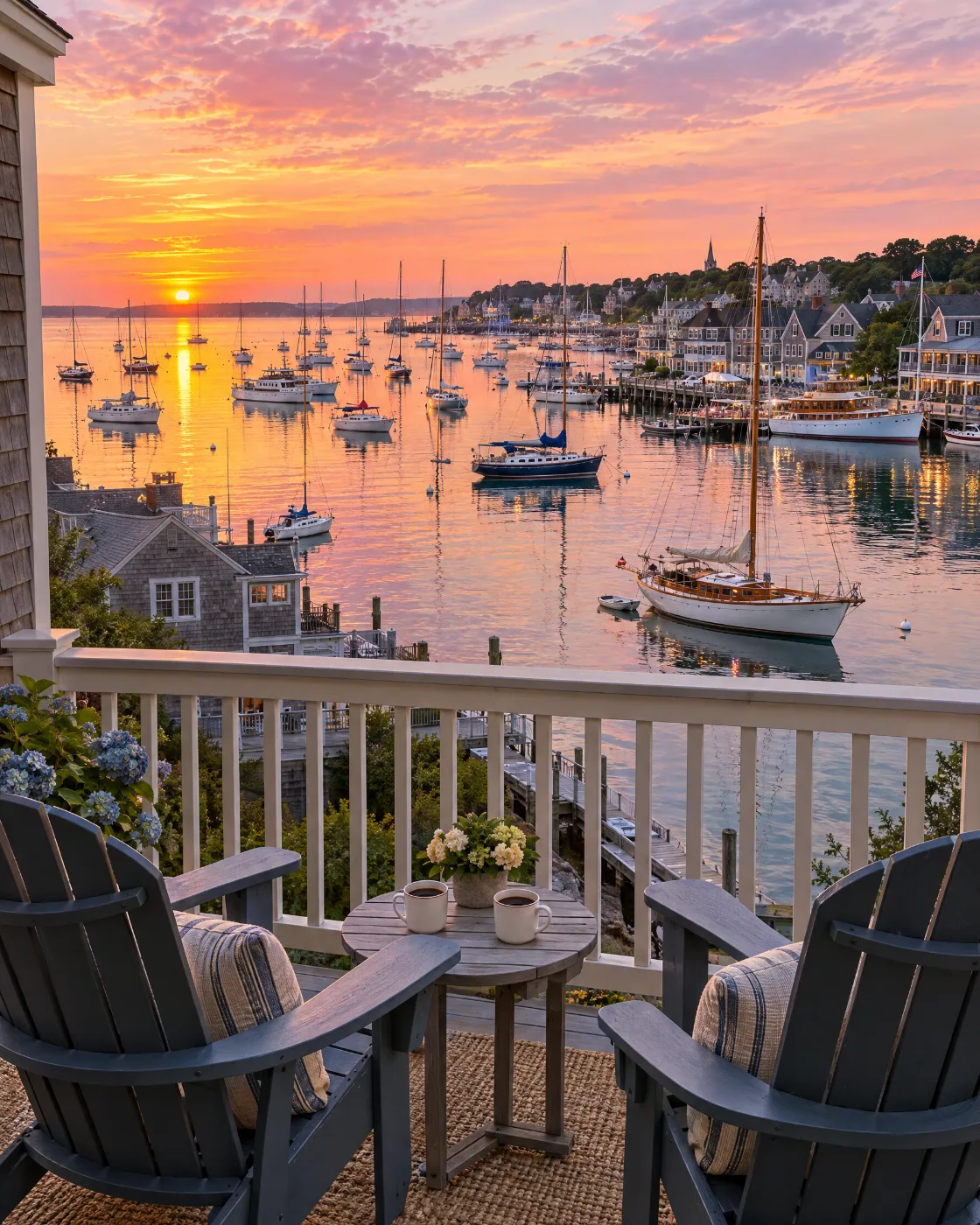 Hotel balcony overlooking sailboats in Newport Harbor at sunset