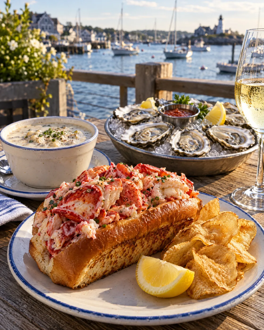 Lobster roll, clam chowder and oysters at a Newport waterfront restaurant