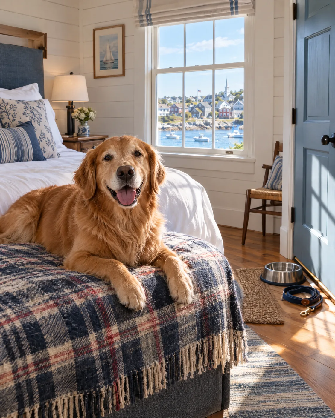 Golden retriever relaxing in a pet-friendly Newport inn room