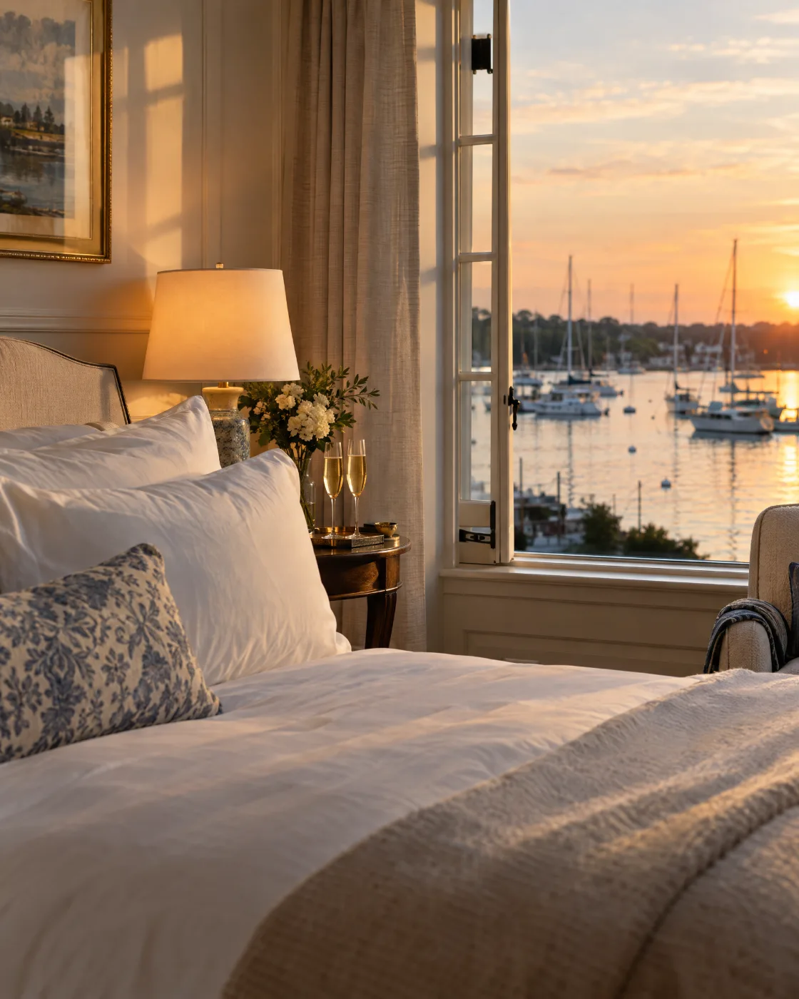 Romantic Newport hotel suite with champagne and a harbor view