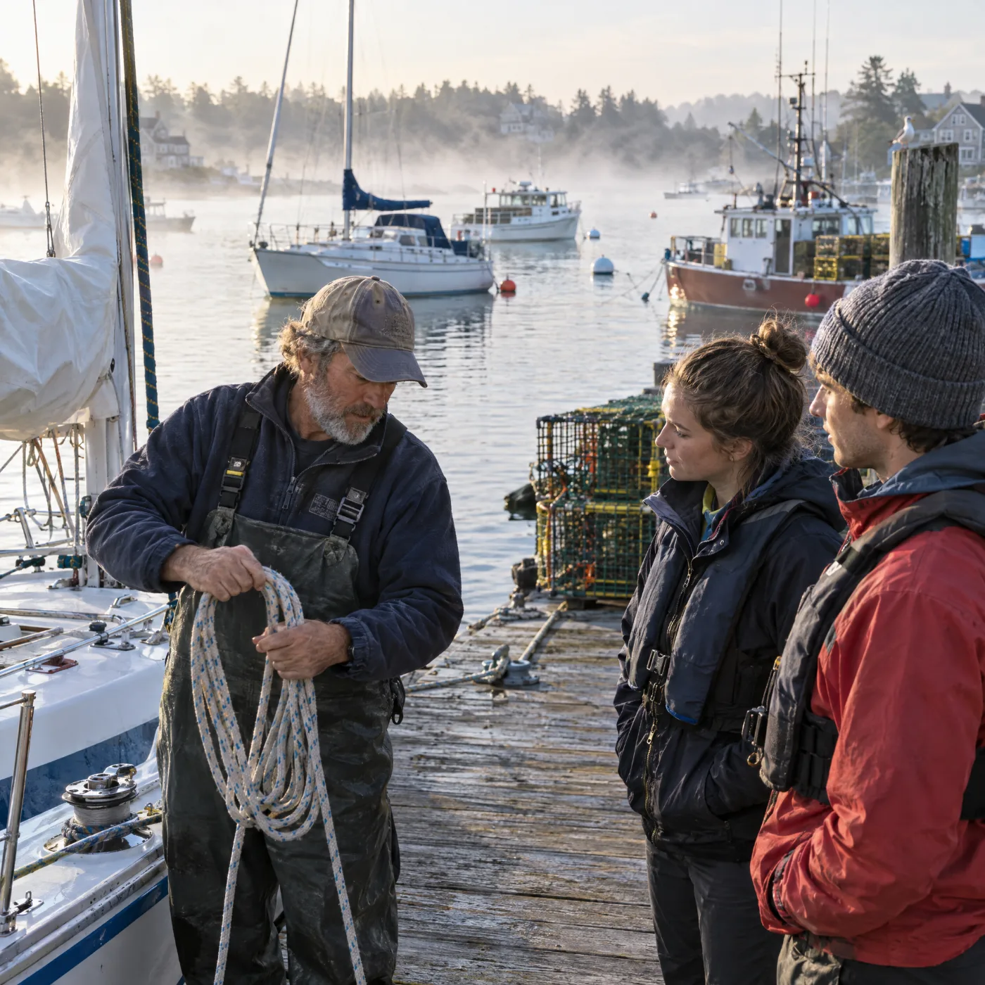 Sailing instructor coiling a line on a Newport marina dock