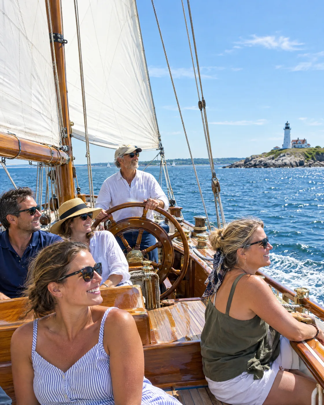 Guests sailing a classic schooner on Narragansett Bay