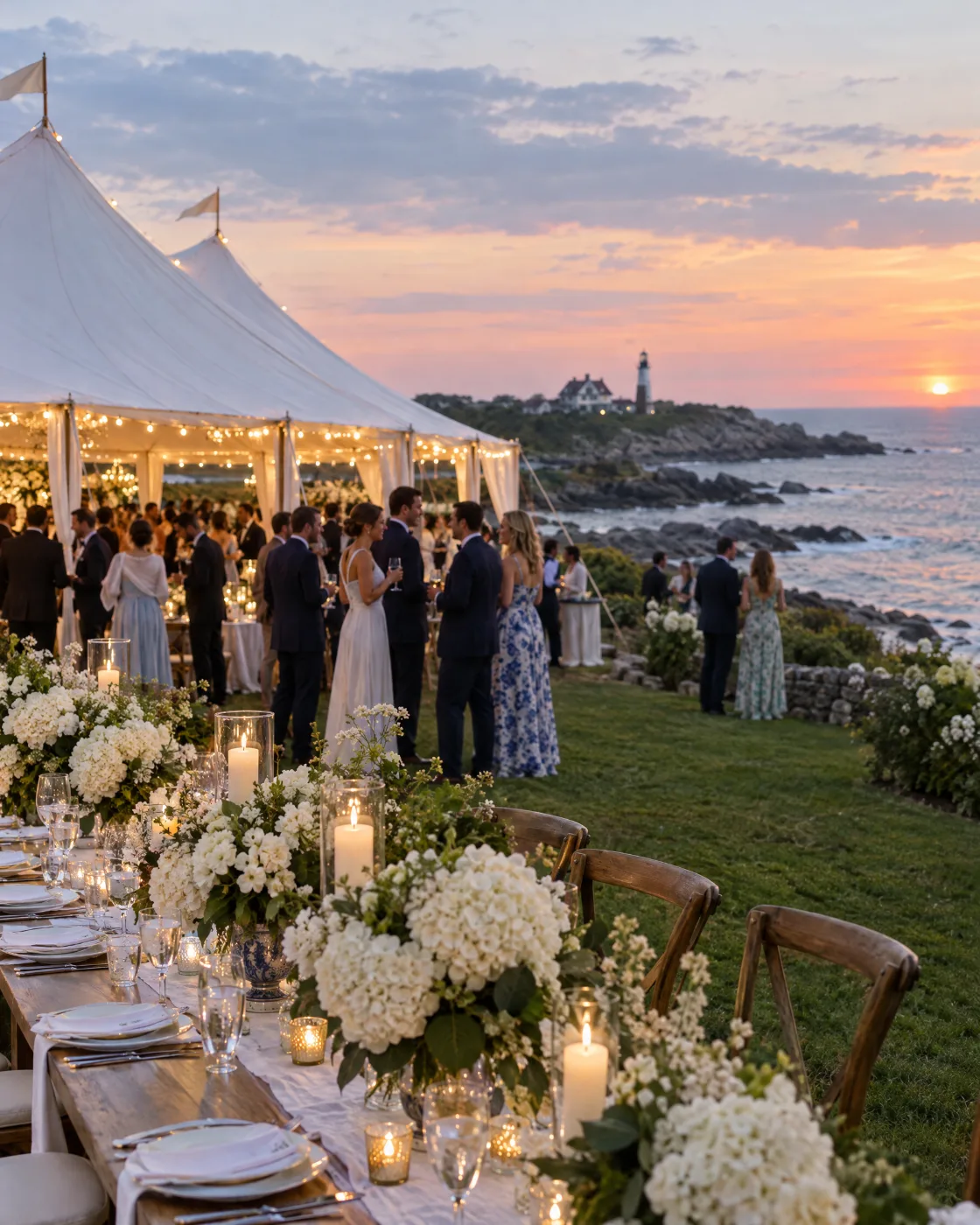 Seaside wedding reception tent on an oceanfront lawn in Newport
